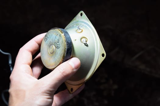 Krasnodar, Russia - April 11, 2020: High-frequency speaker Soviet-made 3GD-31, 5 GDV-1-8 . Revision and repair of vintage acoustics.