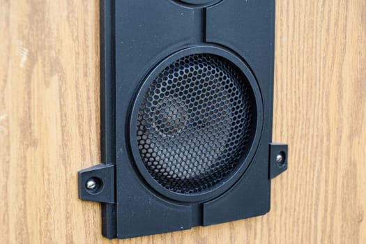 Acoustic system Amphiton 35as-018. Mid-range speaker. Music speakers in the garden outdoors, listening to music.