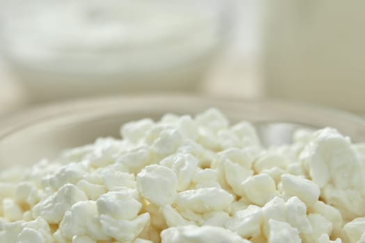 Fresh village cottage cheese in glass bowl. Close- up. Healthy food. Dietary product. Dairy product. Fitness food