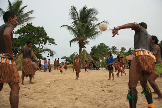 santa cruz cabralia, bahia / brazil - april 21, 2009: Ethnic Pataxo Indians are seen at a soccer match at Coroa Vermelha Village during the IX Edition of the Indian Games.