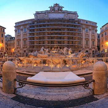 ROME, ITALY - JUNE 28: Trevi Fountain Under Construction in Rome on JUNE 28, 2014. Scaffolding at Fontana di Trevi Construction Site in Rome, Italy.