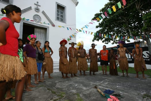ilheus, bahia / brazil - january 8, 2012: Tupinamba Indians are seen during traditional dance in the district of Olivanca, in the municipality of Ilheus.