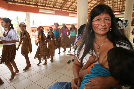 pau brasil, bahia / brazil - may 10, 2012: Pataxo Hahahae indigenous people are seen during a celebration in a public school in the municipality of Pau Brazil.