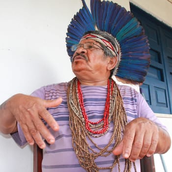 pau brasil , bahia / brazil - may 10, 2012: Nailton Muniz, chieftain and indigenous leader Pataxo Hahahae in the municipality of Pau Brazil.