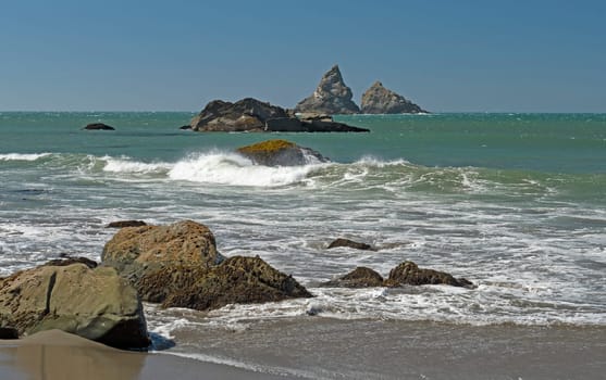 Crashing Waves on Coastal Sea Stacks on the Oregon Coast