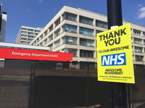 London, UK -9/05/2020: NHS Guys & St. Thomas Hospital during coronavirus lockdown thank you sign outside emergency ER department hospital where Boris Johnson PM was treated f coronavirus - stock photo