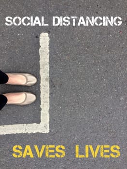 social distancing for Coronavirus covid-19 supermarket floor tape line to government guidelines for distance to avoid spread of virus pathogen