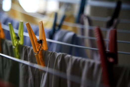 salvador, bahia / brazil - may 7, 2020: clothespins are seen in clothesline in an apartment in the city of Salvador.