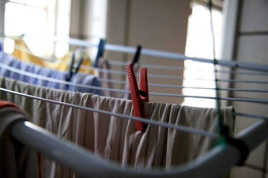 salvador, bahia / brazil - may 7, 2020: clothespins are seen in clothesline in an apartment in the city of Salvador.