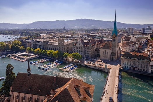 Cityscape of Zurich, Switzerland, taken from the Grossmünster church tower.