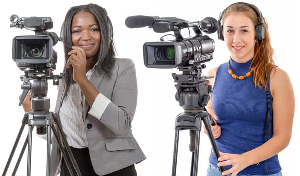 two young women with a professional video camera and headphone