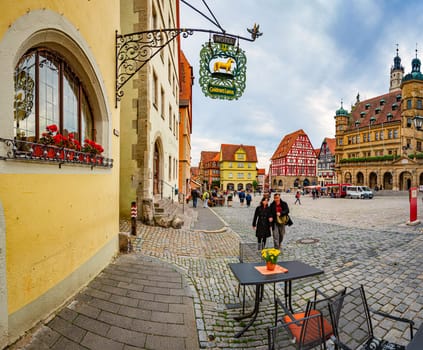 Rothenburg Ob Der Tauber, Germany - SEPTEMBER 24, 2014: View on central city square with town hall of Rothenburg Ob Der Tauber, Bavaria, Germany, Europe