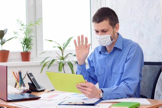Entrepreneur communicates via video and welcomes a colleague