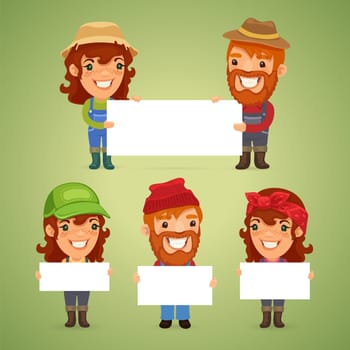 Farmers With Blank Placards. In the EPS file, each element is grouped separately. Clipping paths included in additional jpg format.