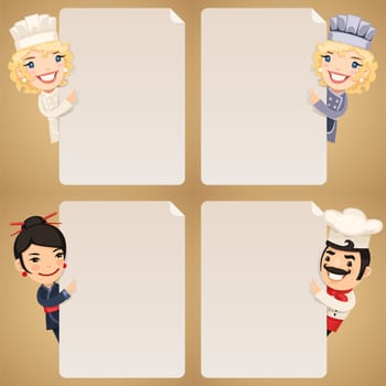 Chefs Cartoon Characters Looking at Blank Poster Set. In the EPS file, each element is grouped separately. Clipping paths included in additional jpg format.