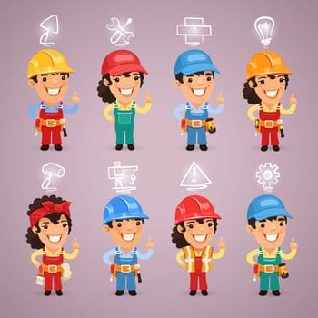 Builders with Icons Set. In the EPS file, each element is grouped separately. Clipping paths included in additional jpg format.