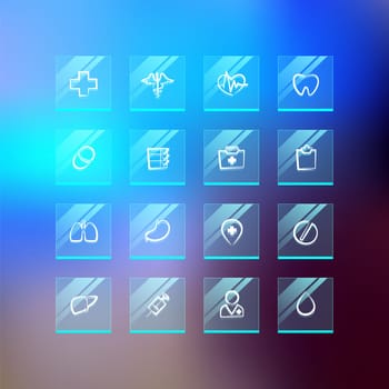 Medical Flat Glass Icons on Blur Background. In the EPS file, each element is grouped separately. Clipping paths included in additional jpg format.