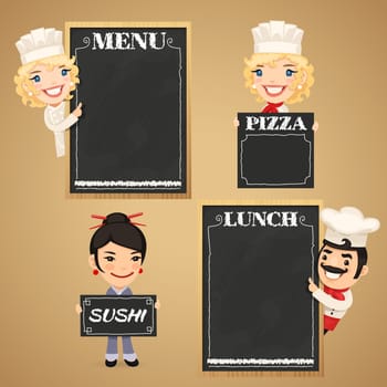 Chefs Cartoon Characters with Chalkboard Menu. In the EPS file, each element is grouped separately. Clipping paths included in additional jpg format.