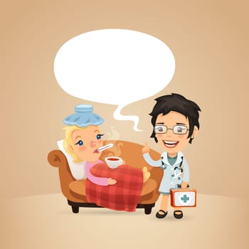 Female Doctor Visits a Sick Woman. In the EPS file, each element is grouped separately. Clipping paths included in additional jpg format.