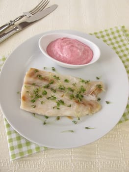 Permeable fillet with beetroot sea horseradish sauce