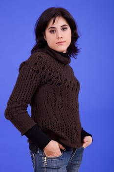 young beautiful woman, on a blue background