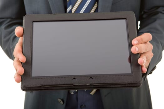 businessman showing a tablet pc, isolated