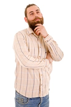 pensive young casual man portrait, isolated on white