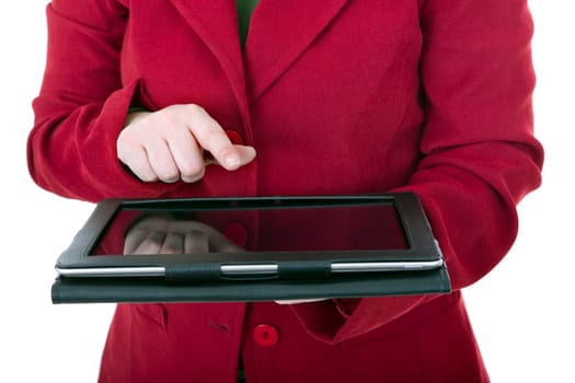 businesswoman using touch pad, close up shot on tablet pc, isolated