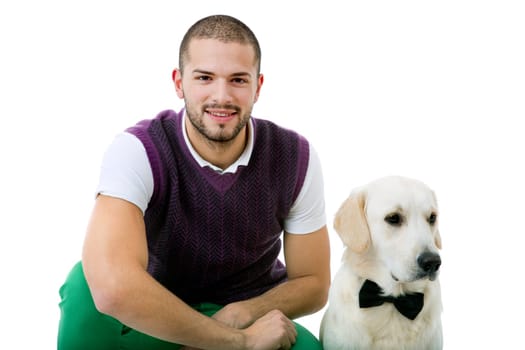 young happy casual man with a dog, studio