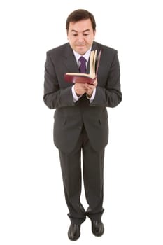 silly businessman with a book in white background