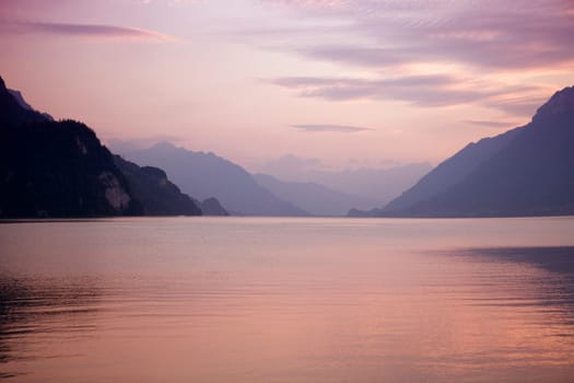 swiss lake at sunset in brienz, Switzerland