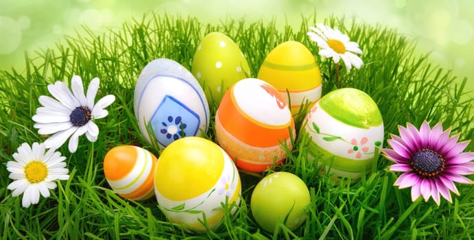 Easter eggs and flowers on fresh grass,with bokeh background
