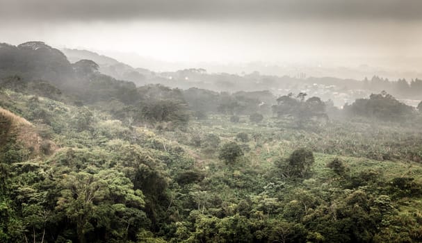 Rain and fog over rural area of Costa Rica near San Jose