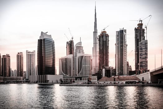 Scenic view of skyline of Dubai's downtown at sunset