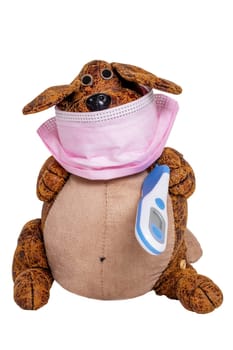 Coronavirus quarantine concept. A funny dog wearing a surgical mask and a fever thermometer over blurred hospital background. Stay at home, self-isolation and social distancing.
