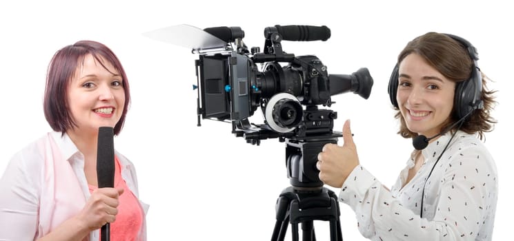 two beautiful reporter women with a camera and microphone