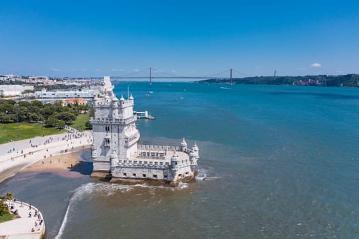 lisbon drone view white castle building in beach seascape sunny day