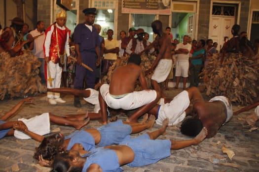 santo amaro, bahia / brazil - january 25, 2013: cultural group performs folklore game  "Nego Fugido"", where slaves escape from prison and are captured."