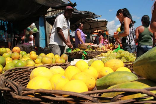 conde, bahia / brazil - september 7, 2012: Melons, papayas, oranges are seen for sale at a free market in the city of Conde.
