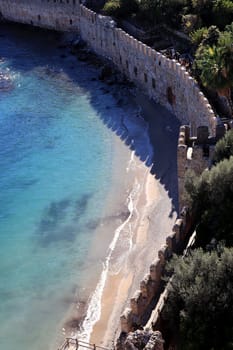 Bedesten Alanya fortress wall beach. Turkey. Top view.