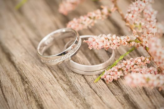 silver wedding rings with pink Flowers on a wooden underground