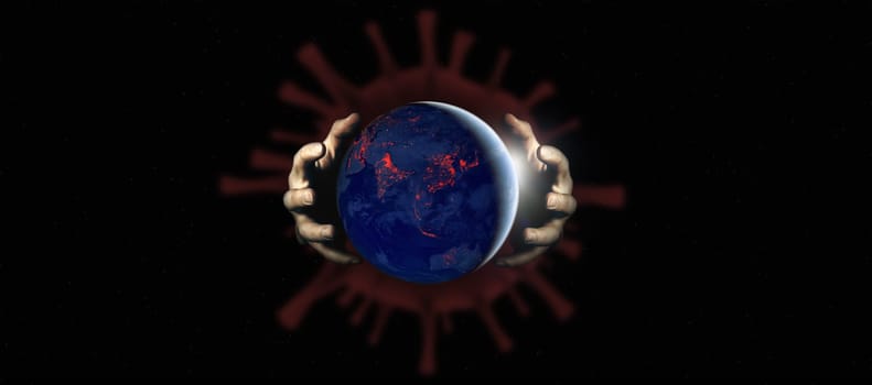 Coronavirus spreading, infecting the world. Virus cell with human hands grasping the planet earth. Planet quarantined by covid 19 illustrative concept