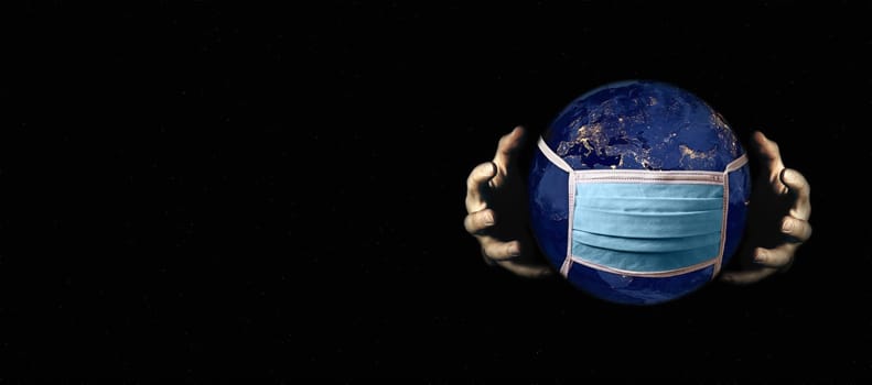 Coronavirus spreading, infecting the world. Hands grasping the planet earth with a face mask. The planet quarantined by covid 19, illustrative concept