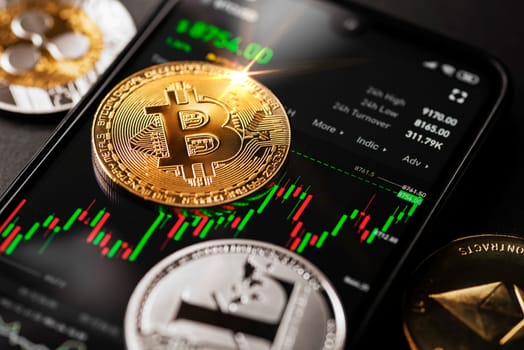 Bitcoin cryptocurrency trading on smartphone close up