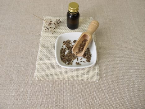 Essential dill oil in a bottle and dill seeds in a bowl