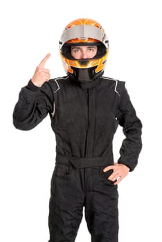Victorious racing driver posing with helmet isolated in white