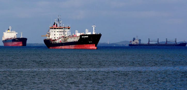salvador, bahia / brazil -  november 4, 2014: Freighter ships are seen docked in the Todos os Santos Bay in Salvador.