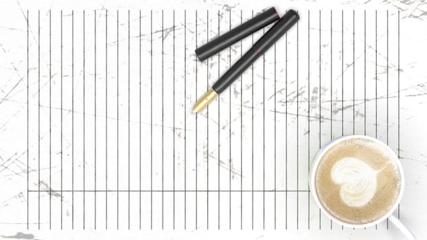 The 3d rendering of scratch paper with pen and coffee on it