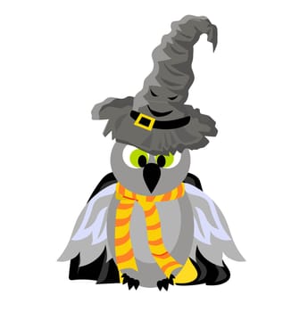 SCHOOL OF MAGIC. OWL In a mantle and a magic talking hat. Hogwarts