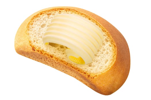 Bread baguette slice with butter curl atop, isolated, top view